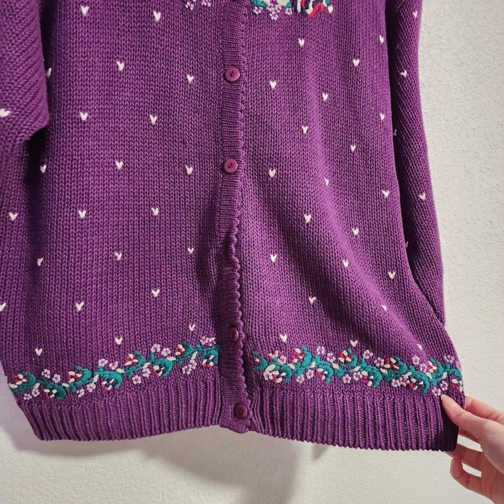 CAPE ISLE KNITTERS VTG Purple Floral Embroidered Cardigan Grandmacore‎ S